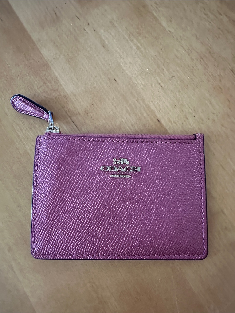 COACH Metallic Pink Saffiano Leather Mini Skinny ID Case Key Ring Wallet